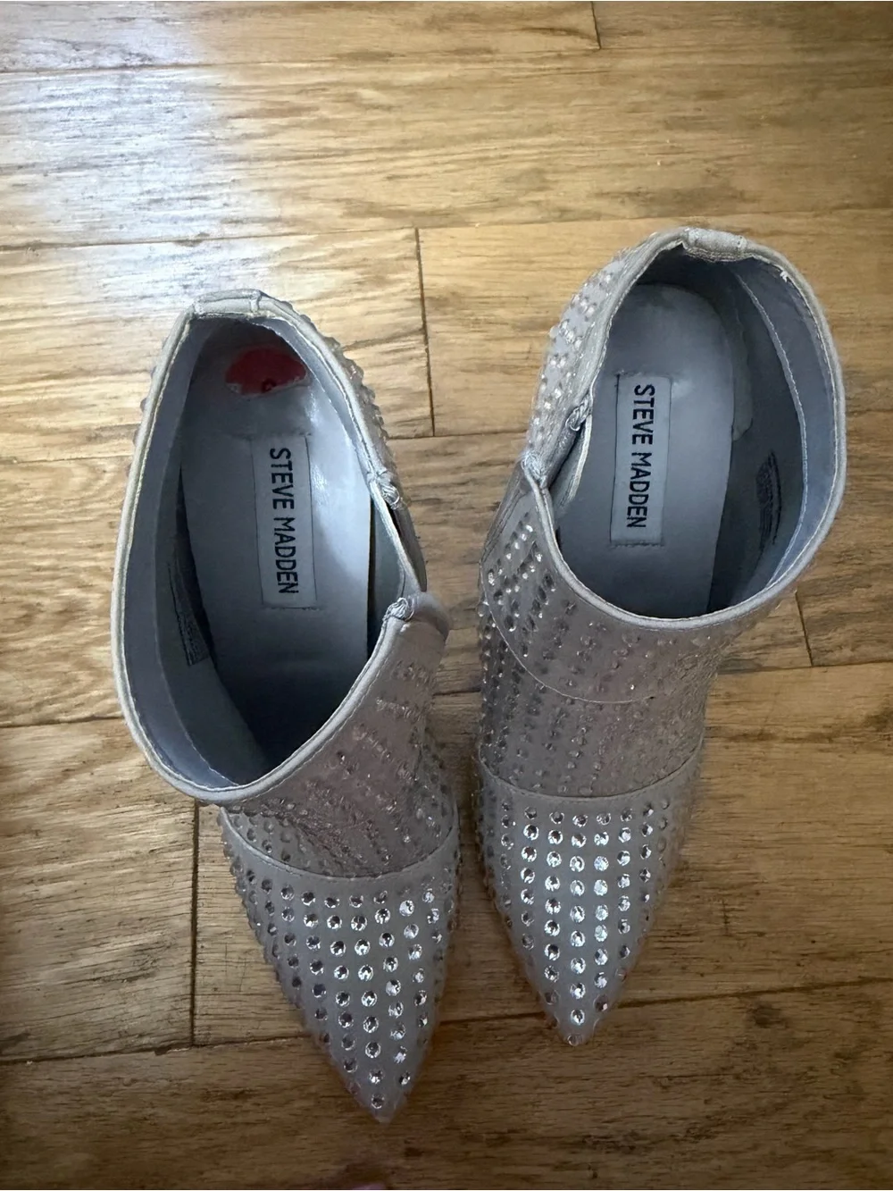 Steve Madden Light Gray Crystal-Embellished Pointed Ankle Booties